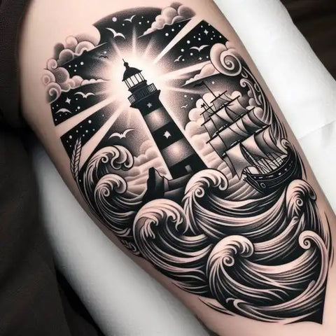 Ship and Lighthouse Tattoo 2