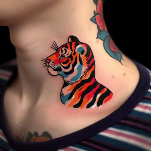 Neo Japanese tiger portrait tattoo on the neck.