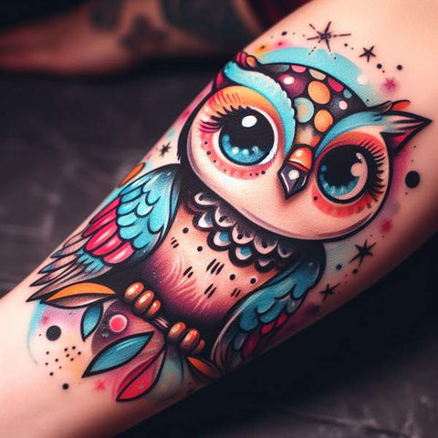 colorful owl forearm tattoos