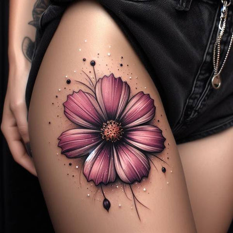Cosmos Flower Thigh Tattoo