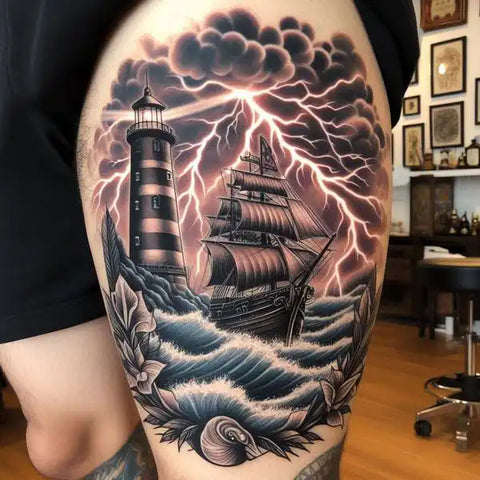Lighthouse Thigh Tattoo 1