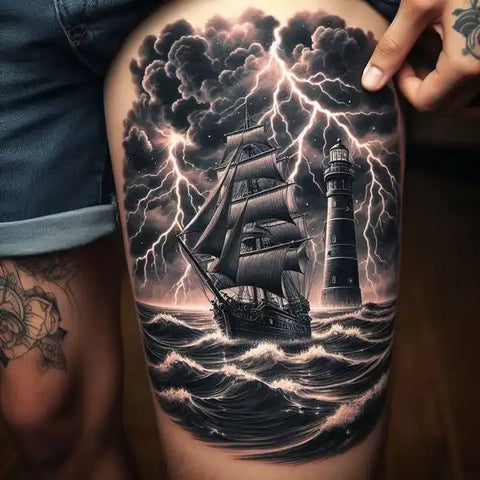Lighthouse Thigh Tattoo 2