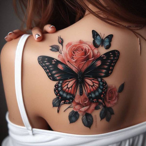 Small Butterfly And Rose Tattoo