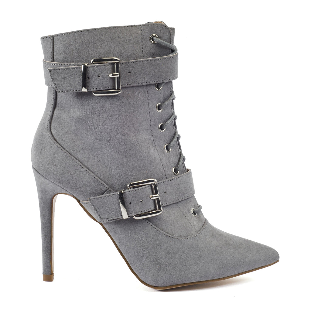 Dove Grey Buckle Detail Lace Up Ankle Boots – Truffle Collection