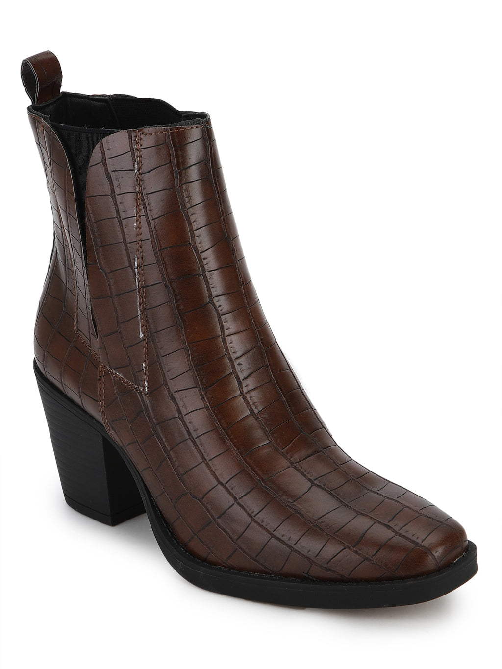 Brown Croc Low Block Heel Ankle Boots – Truffle Collection