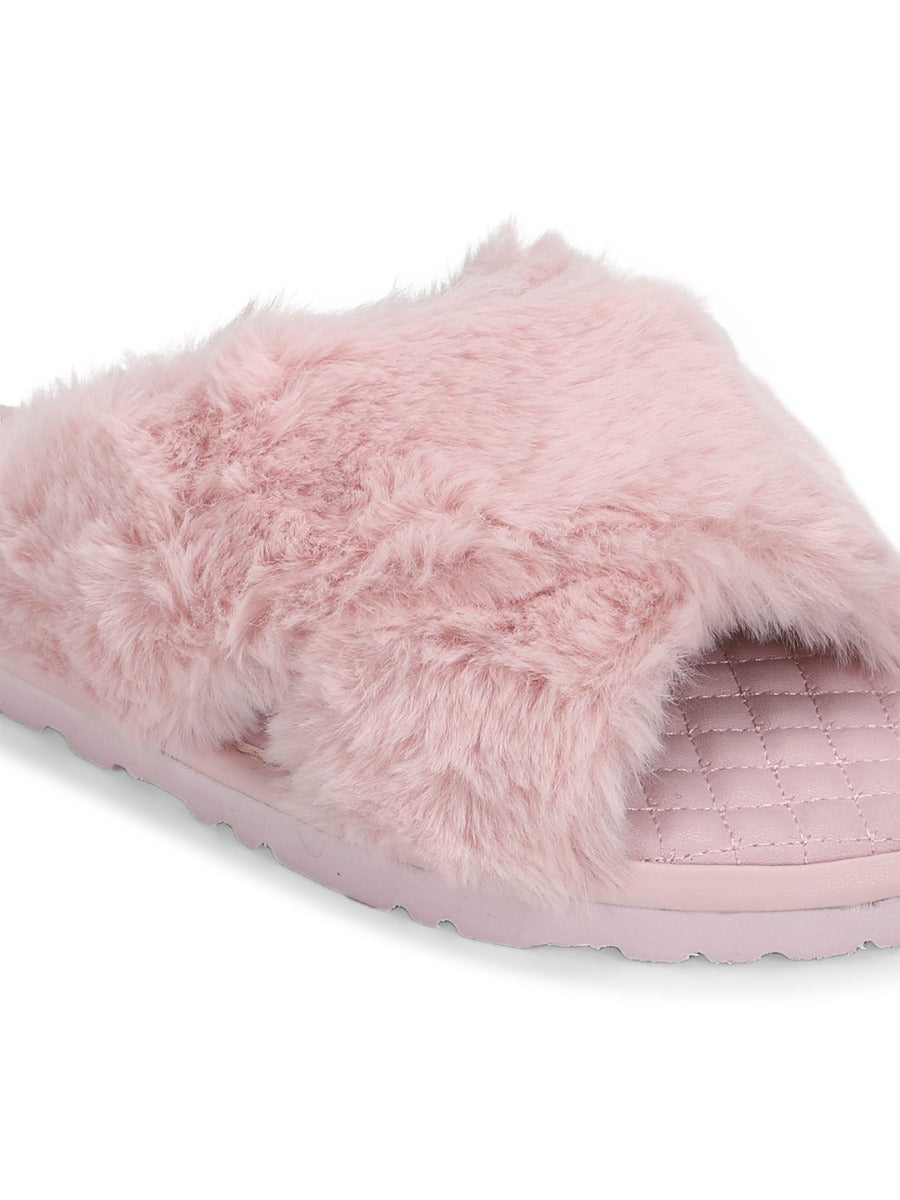 pink fuzzy slip ons