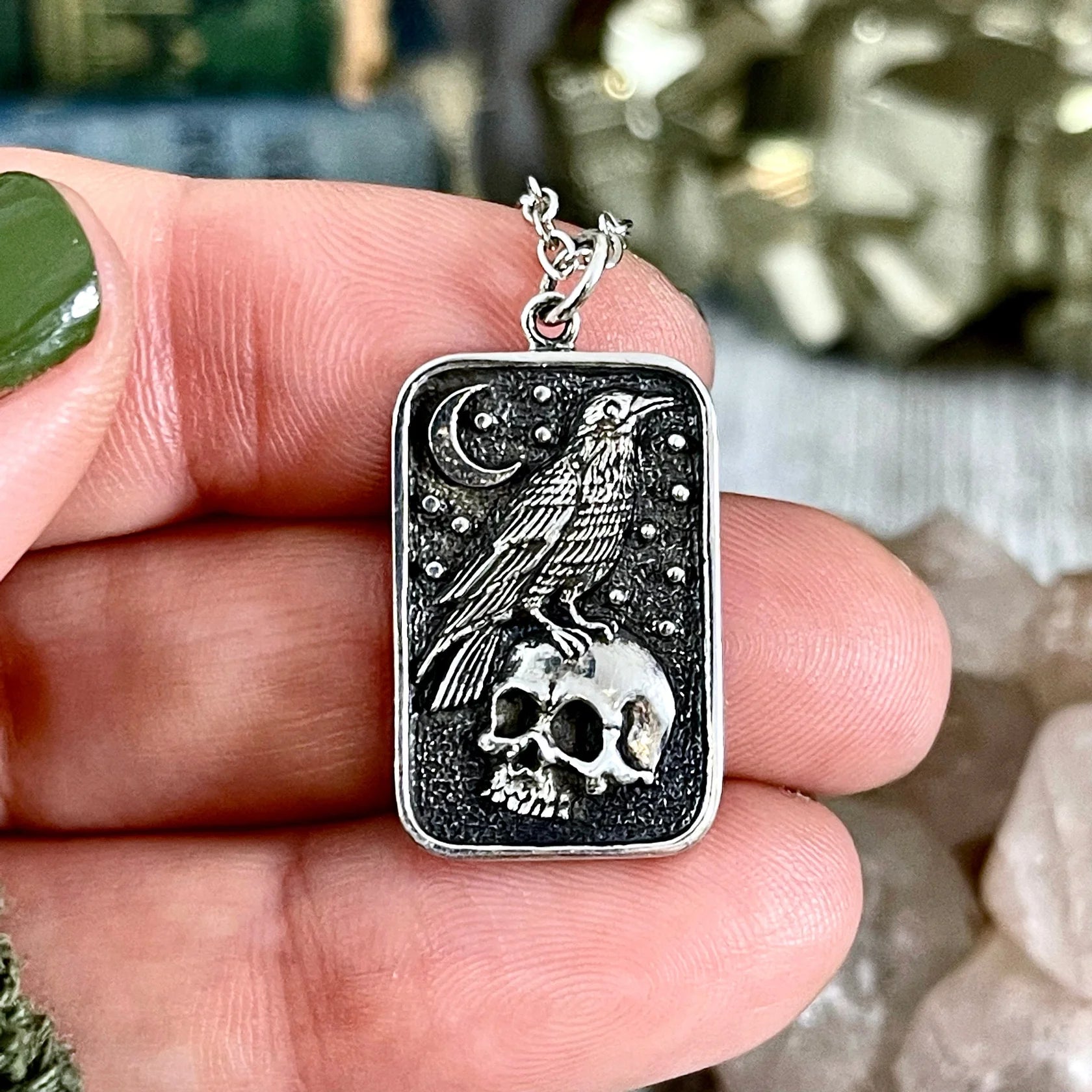 Sterling Silver Skull and Raven Pendant