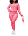 Solid Textured Dual Pocket Sports Jacket & Ruched Leggings Set With Mask
