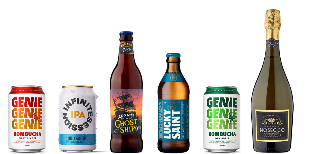 Bottle line up- Genie kombucha, infinite sessions ipa, Adnams ghostship, lucky saint, Nosecco