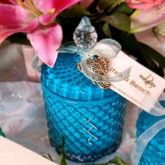 Blue Renaissance Jar with Life' a Beach Fragrance, with ribbon, labels and embellishments.