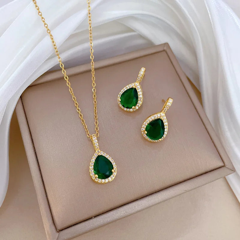 Jewelry Sets Women Elegant Waterdrop Green Rhinestone Pendant Necklace stud Earrings Wedding Dress Bridal Jewelry Set 2pcs/set