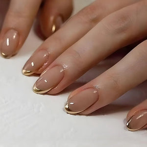 24Pcs Golden French Fake Nail with Almond Head Design Simple Oval False Nails Wearable Press on Nails Full Cover Nail Tips - ZOLAAA
