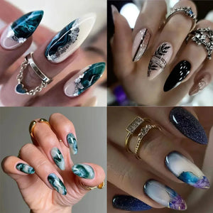 24Pcs Blue Almond False Nails Stained Glitter with French Design Wearable Fake Nail Decoration Full Cover Press on Nail Tips Art - ZOLAAA