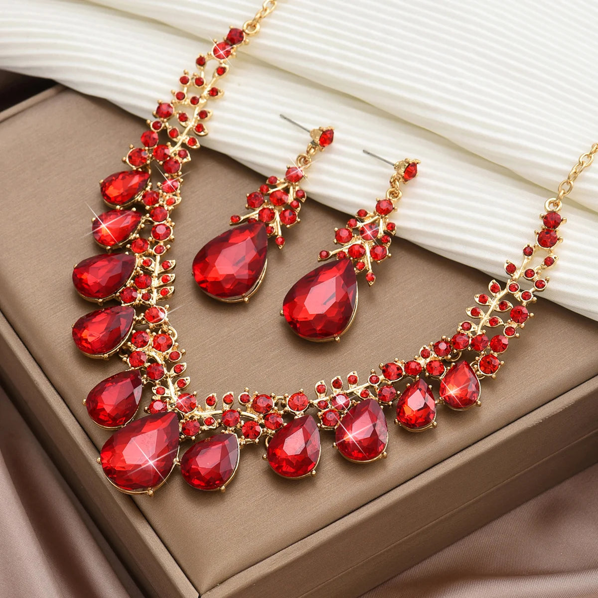 3PC Women's Fashion Trendy Charm Crystal Water Drop Necklace Earrings Jewelry Set for Wedding and Party