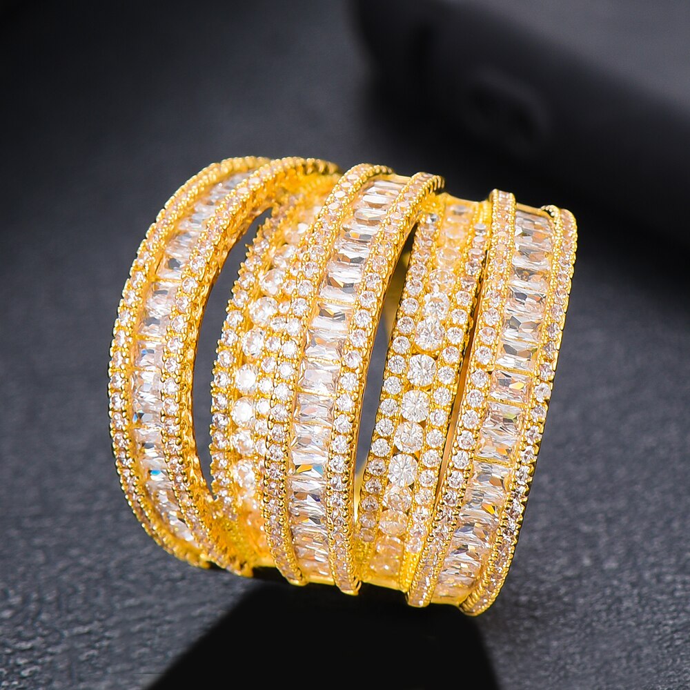Women Luxury Wide Sparkly Rings Cubic Zirconia Inlaid Creative Exaggerated Wedding Rings Fashion Jewelry