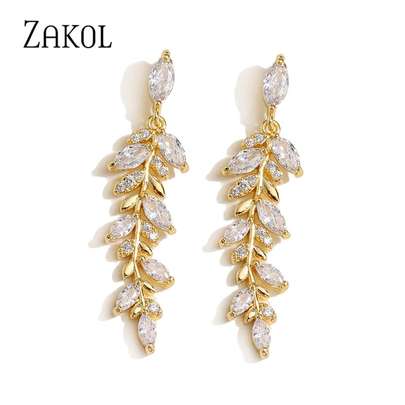 ZAKOL Charm Gold Color Leaves Earrings for Women Exquisite Tiny Zirconia Dangle Earring Elegant Korean Crystal Wedding  Jewelry