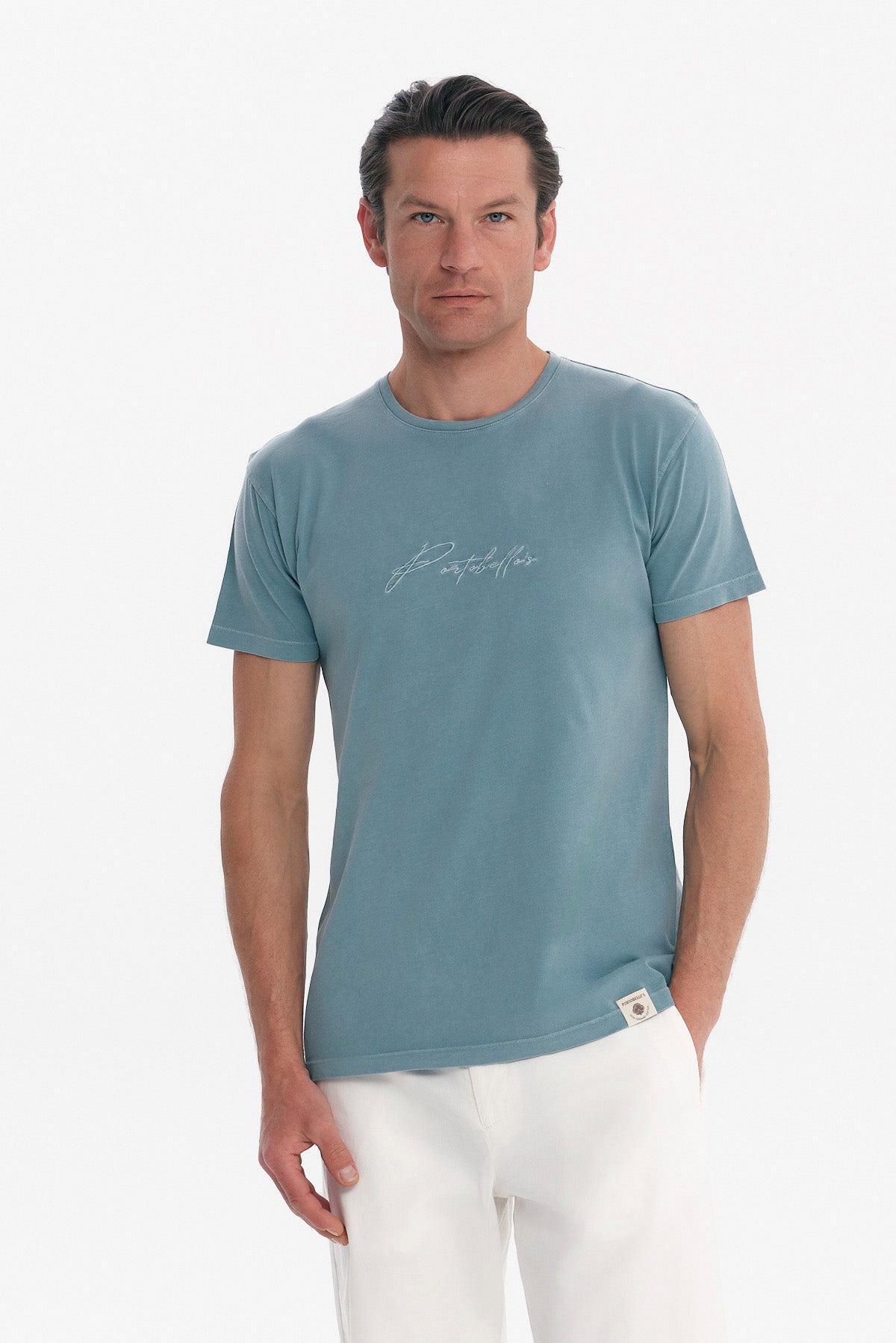 ΑΝΔΡΙΚΟ ΚΟΝΤΟΜΑΝΙΚΟ T-SHIRT ΣΤΟ ΧΡΩΜΑ ΤΗΣ ΜΕΝΤΑΣ ΜΕ ΚΕΝΤΗΜΑ PORTOBELLO'S ΣΤΟ ΣΤΗΘΟΣ