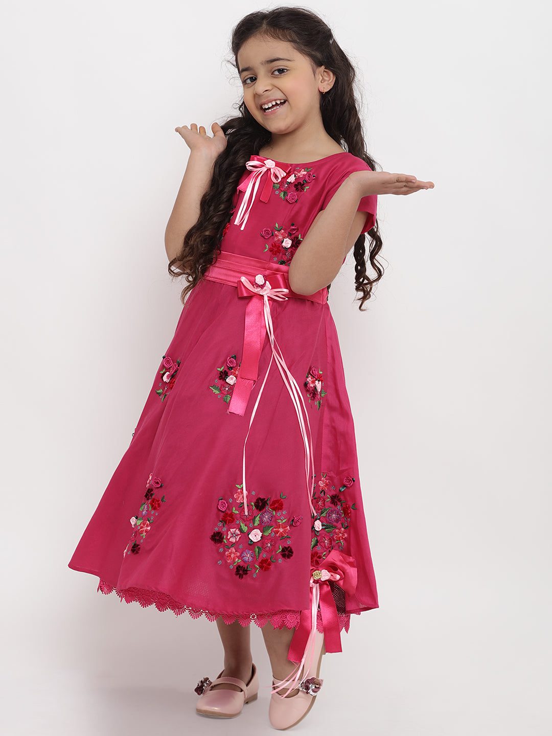 Bitiya by Bhama Girls Pink Floral Embroidered Fit and Flare Dress ...
