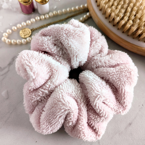 towel scrunchie, made in Canada, absorbent hair scrunchie, blush scrunchie