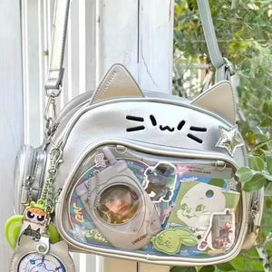 Lkblock 1 PCS Fashion Cat Pattern Backpacks PU Creative Transparent Pocket Multifunction Funny Cotton Doll Bag - lkblock