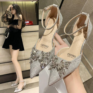 Lkblock Sandals for Women Party and Weddings Footwear with Medium Heels Ladies Shoes Silver Summer Pointed Toe Diamond Rhinestones - lkblock