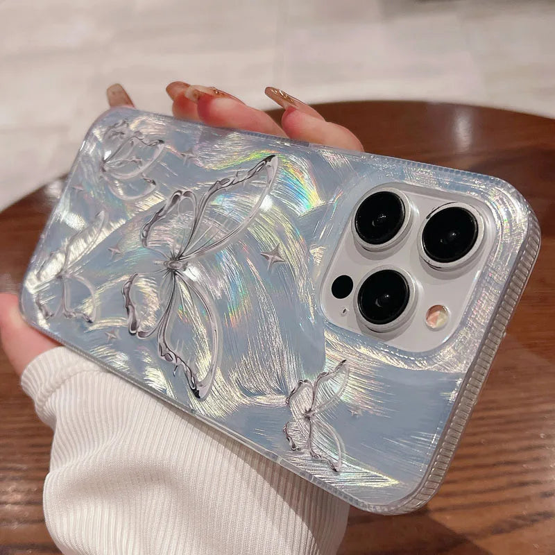 Lkblock Silver Personality Gradient Feather Butterfly Phone Case For iPhone 11 12 13 14 15 Pro Max Plus Shockproof Soft IMD BacK Cover