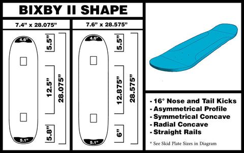 waltz bixby II double kick freestyle skateboard shape guide 7.6 inch 7.4" flatground freestyle deck