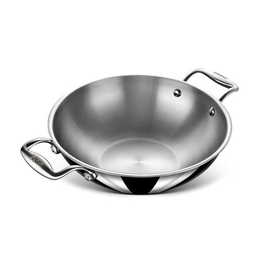 Meyer Select Nickel Free Stainless Steel Kadai, Kadhai with Glass Lid | Steel Kadai with Triply Base | Steel Cookware for Deep Frying | GAS and