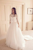 See-through Neckline Lace White Wedding Dresses,3/4 Sleeves Bridal Gown