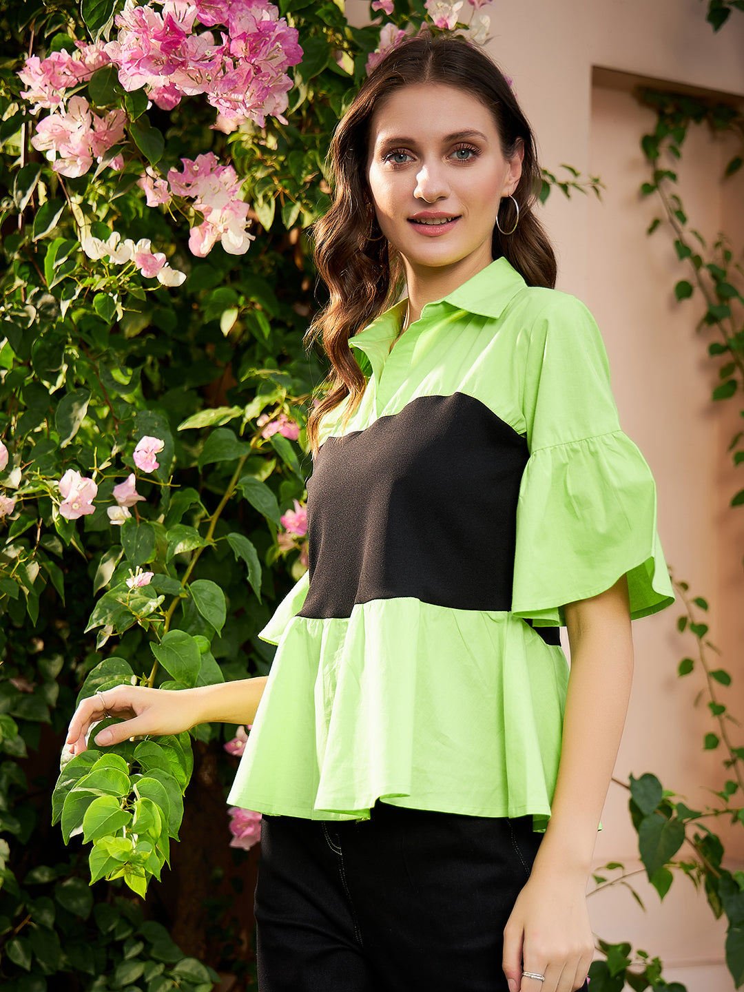 Athena Green & Black Colourblocked Pure Cotton Peplum Top