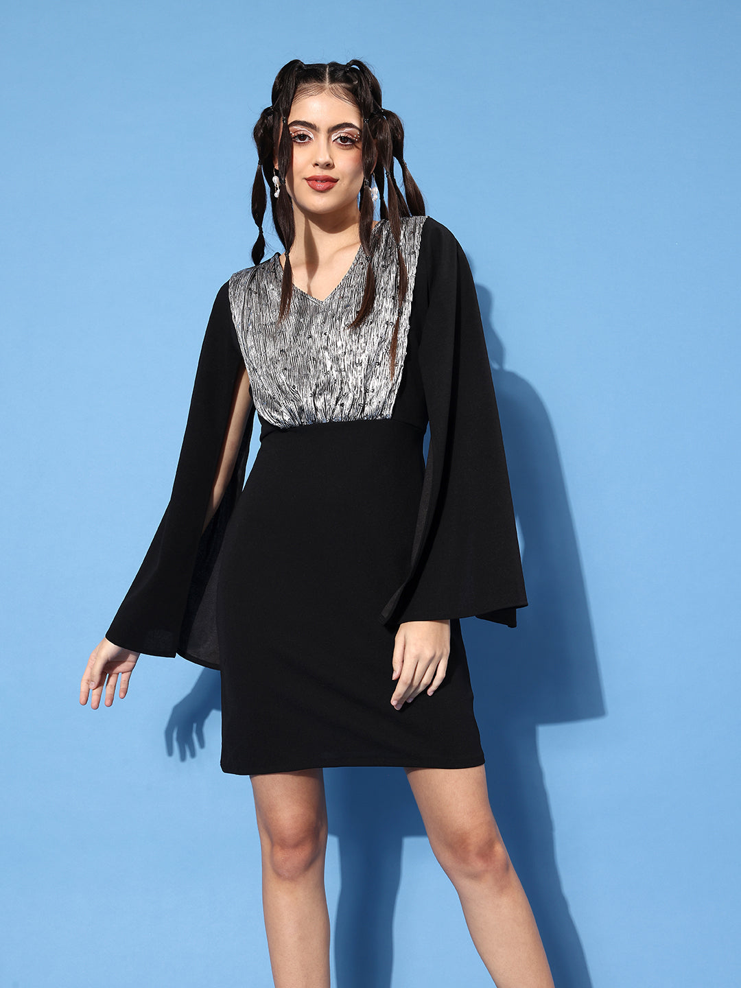 Athena Black & Silver-Toned Embellished Slit Sleeves Bodycon Dress