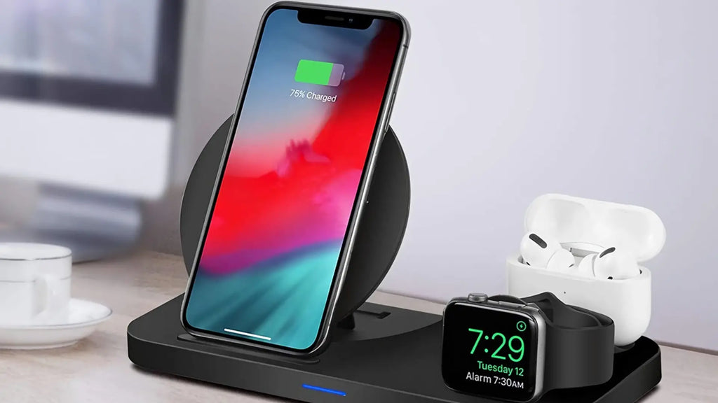 wireless charging station with iphone, apple watch and airpods pro