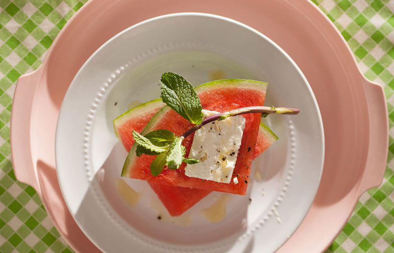 Sliced watermelon with Greek feta and mint recipe