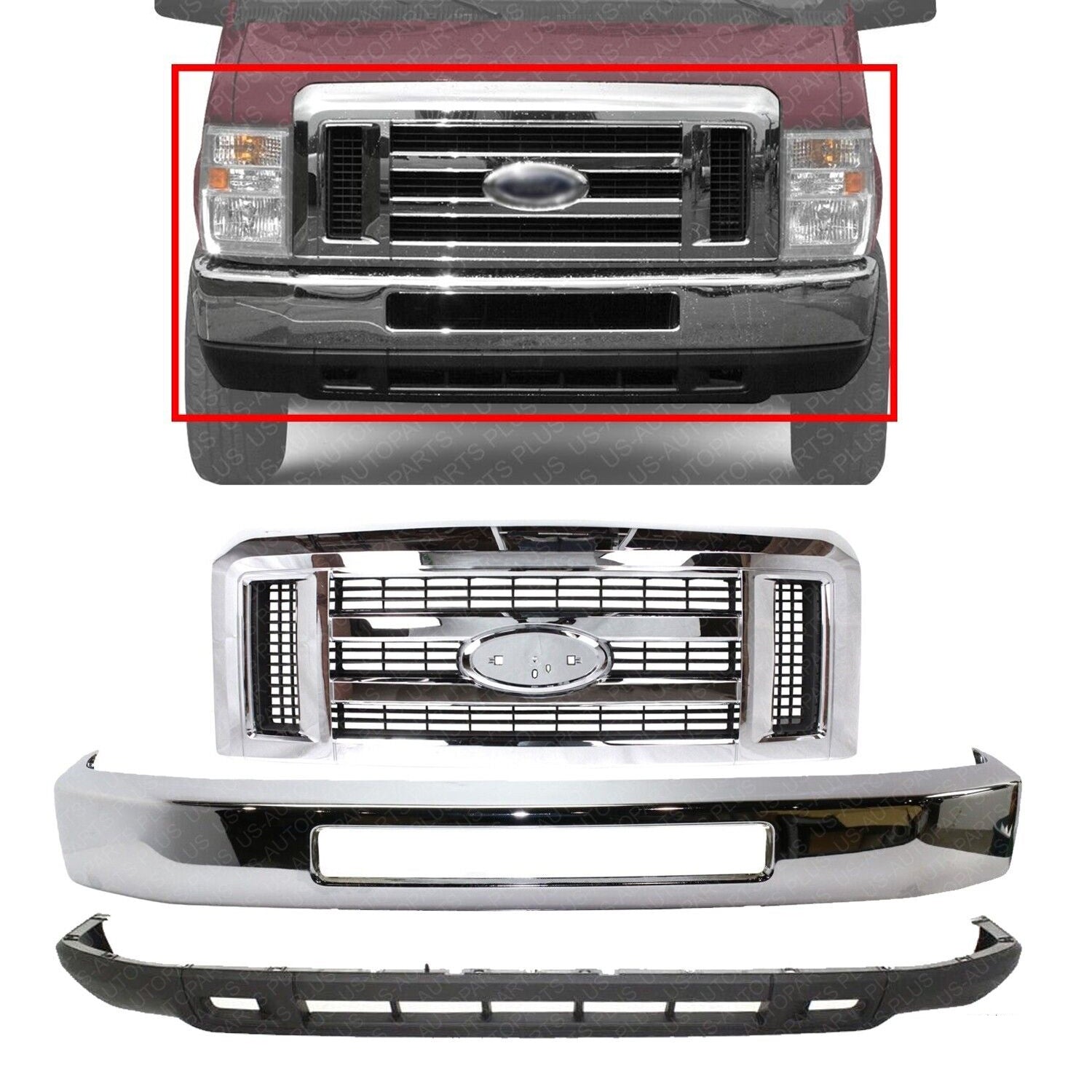 Front Bumper Chrome + Valance +Grille For 2008-2014 Ford E-150 E-250 E-350 E-450