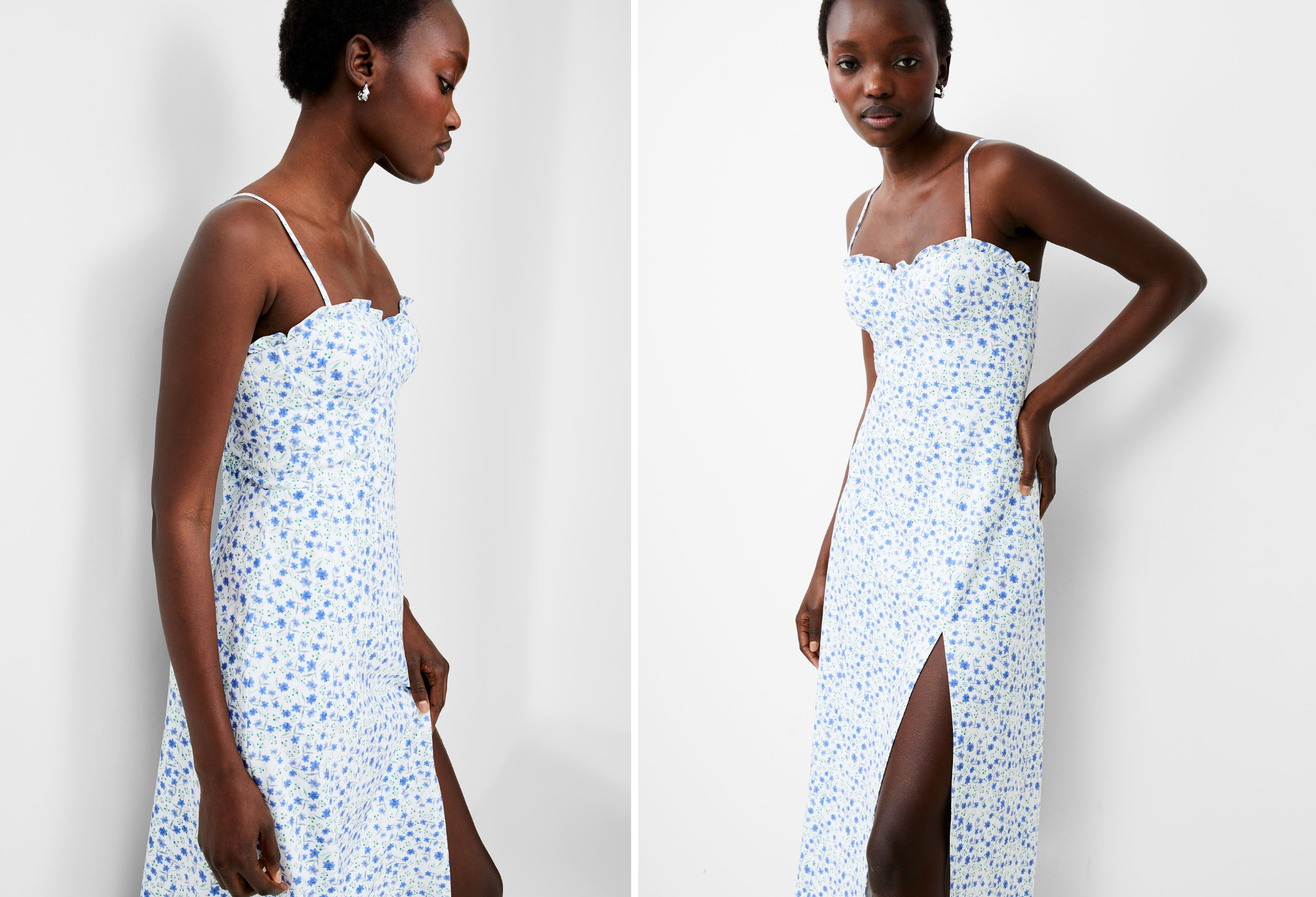 White and blue floral midi dress with thin straps