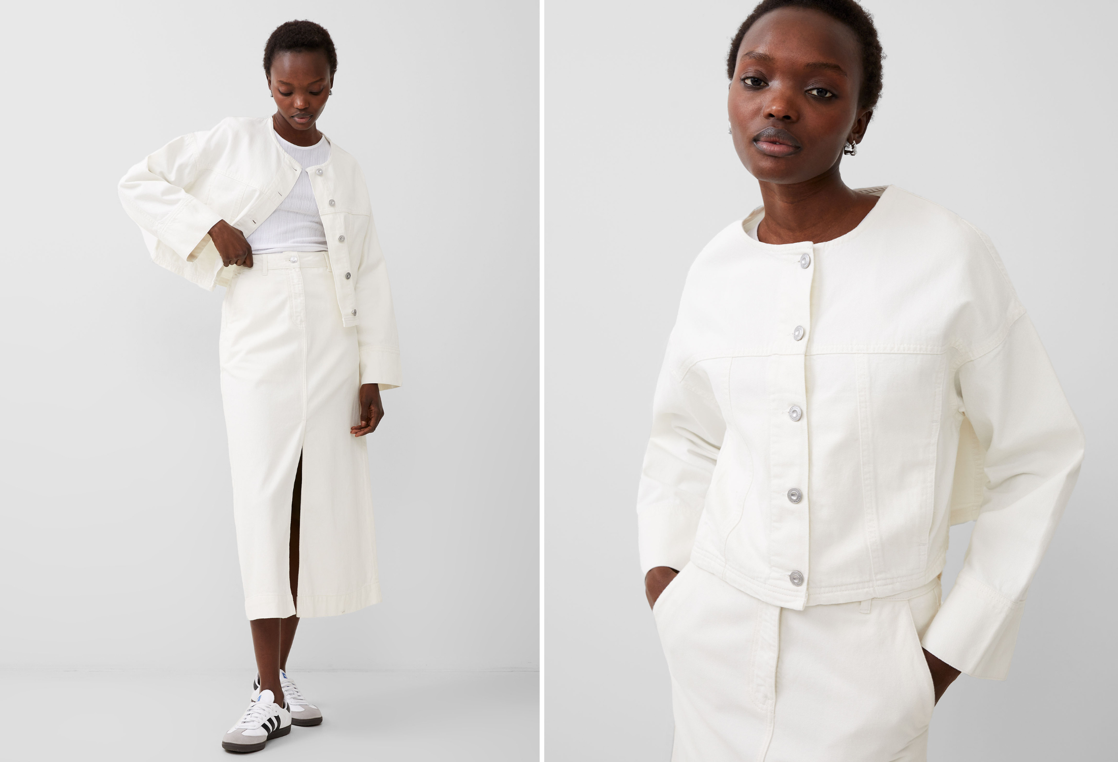 White denim jacket and matching midi skirt co-ord