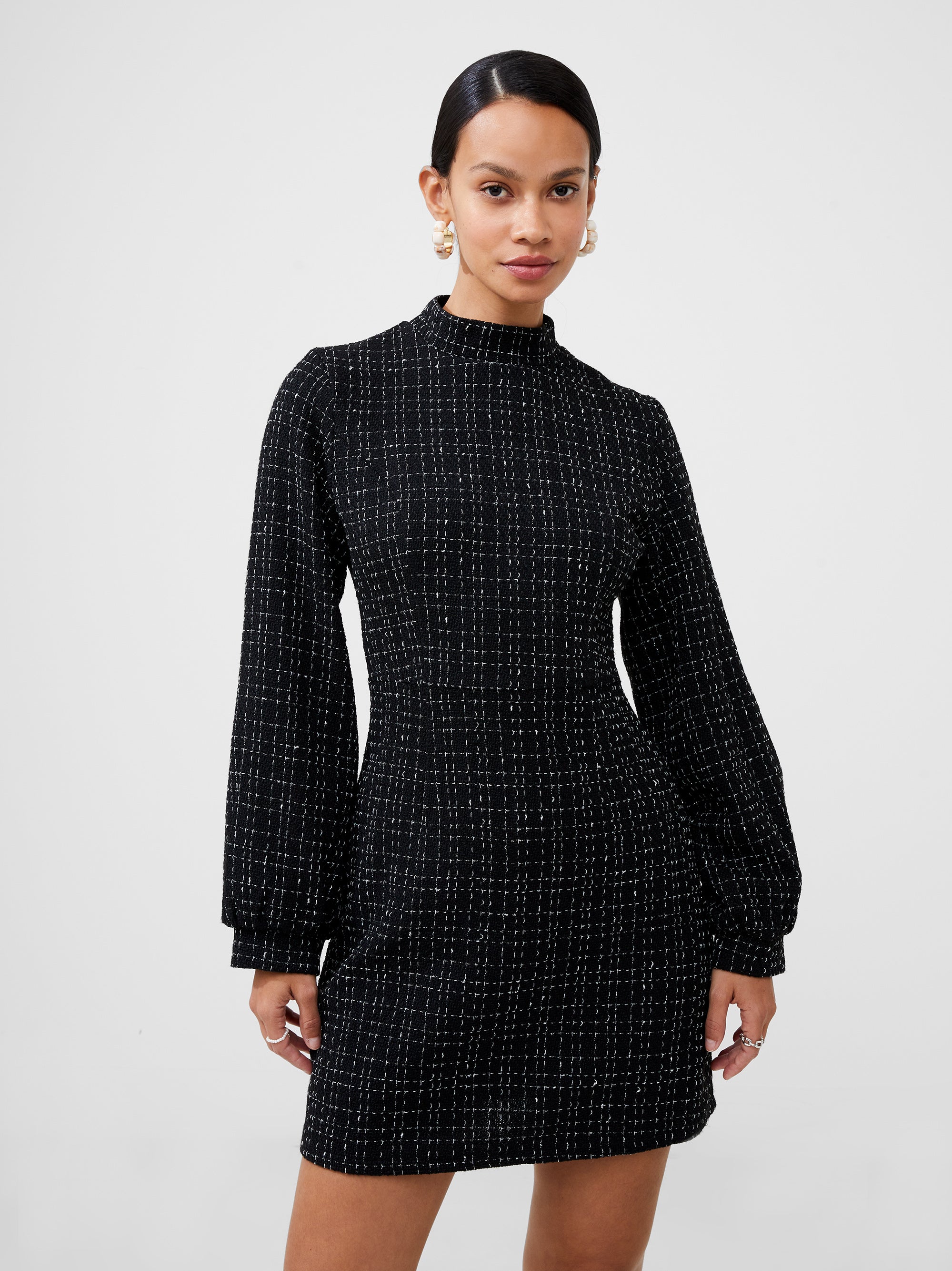 tweed high neck dress black