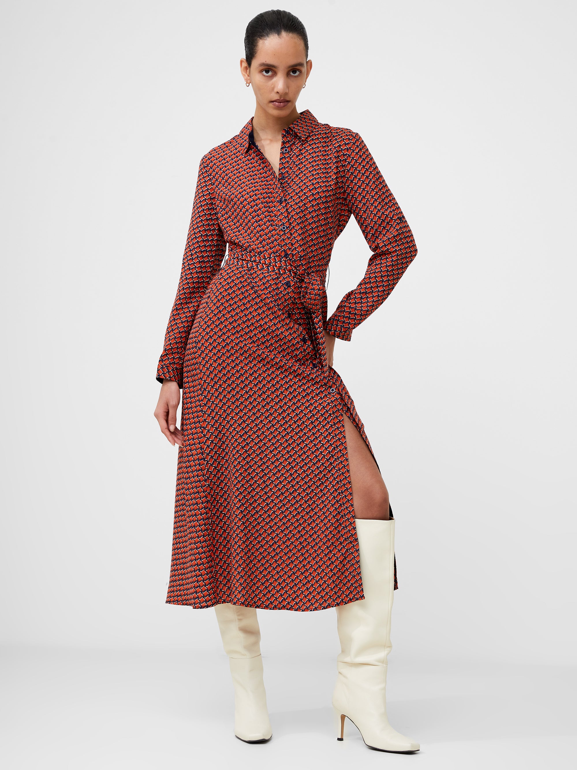 Abstract Belted Midi Shirt Dress Orange