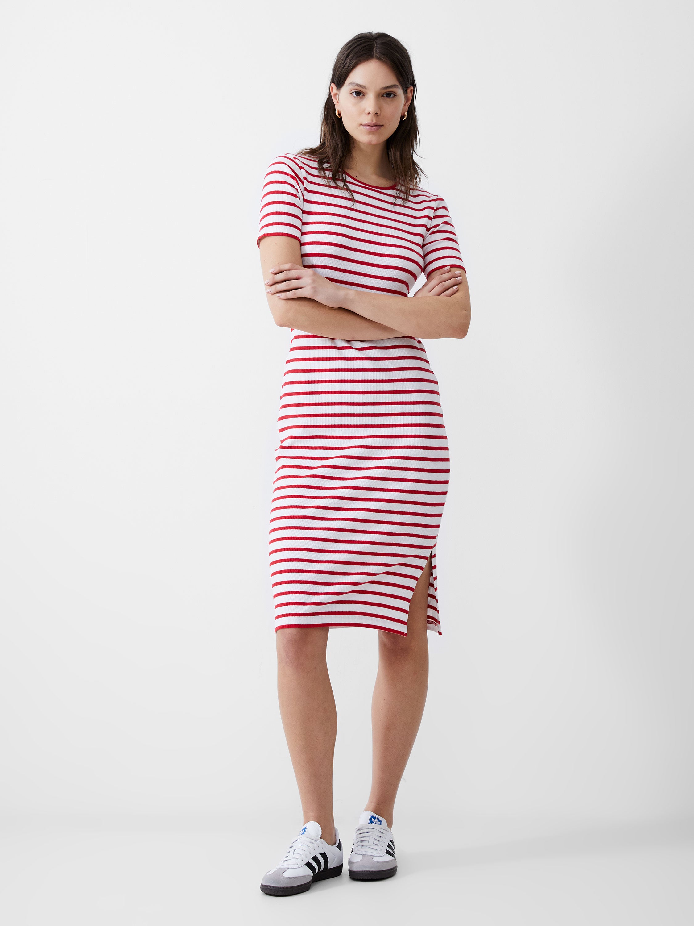 stripe rib dress poppy/white