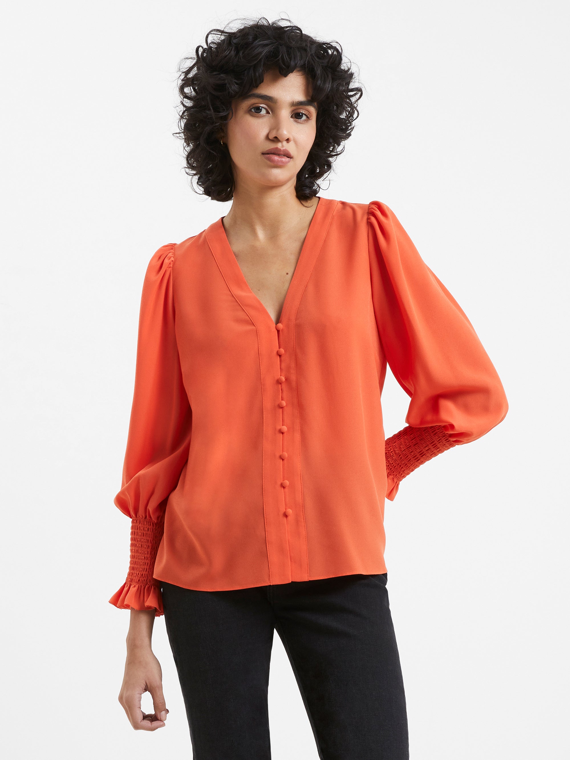 Crepe V-Neck Smocked Sleeve Blouse