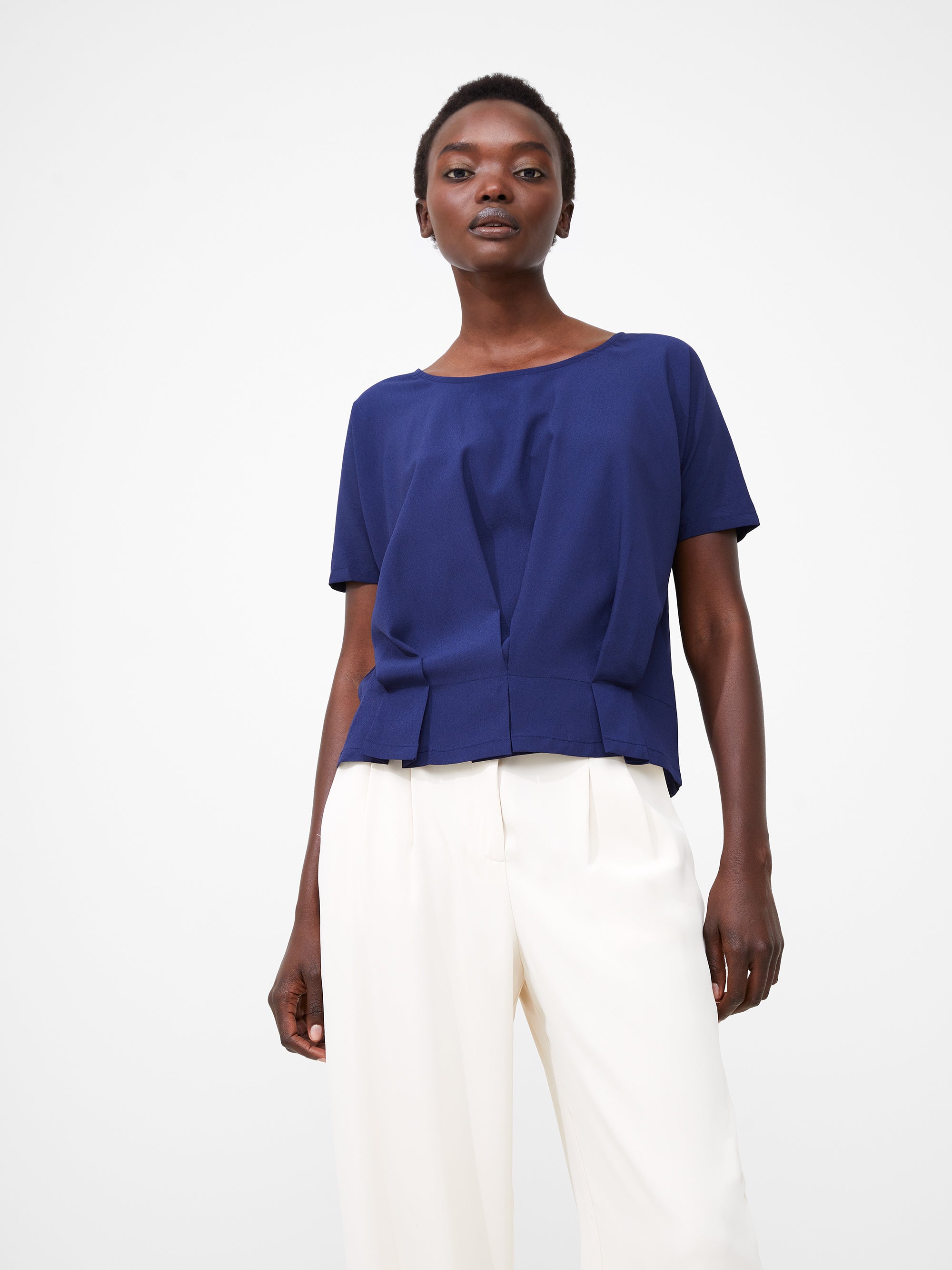 Boxy Pleat Hem Top Dark Navy