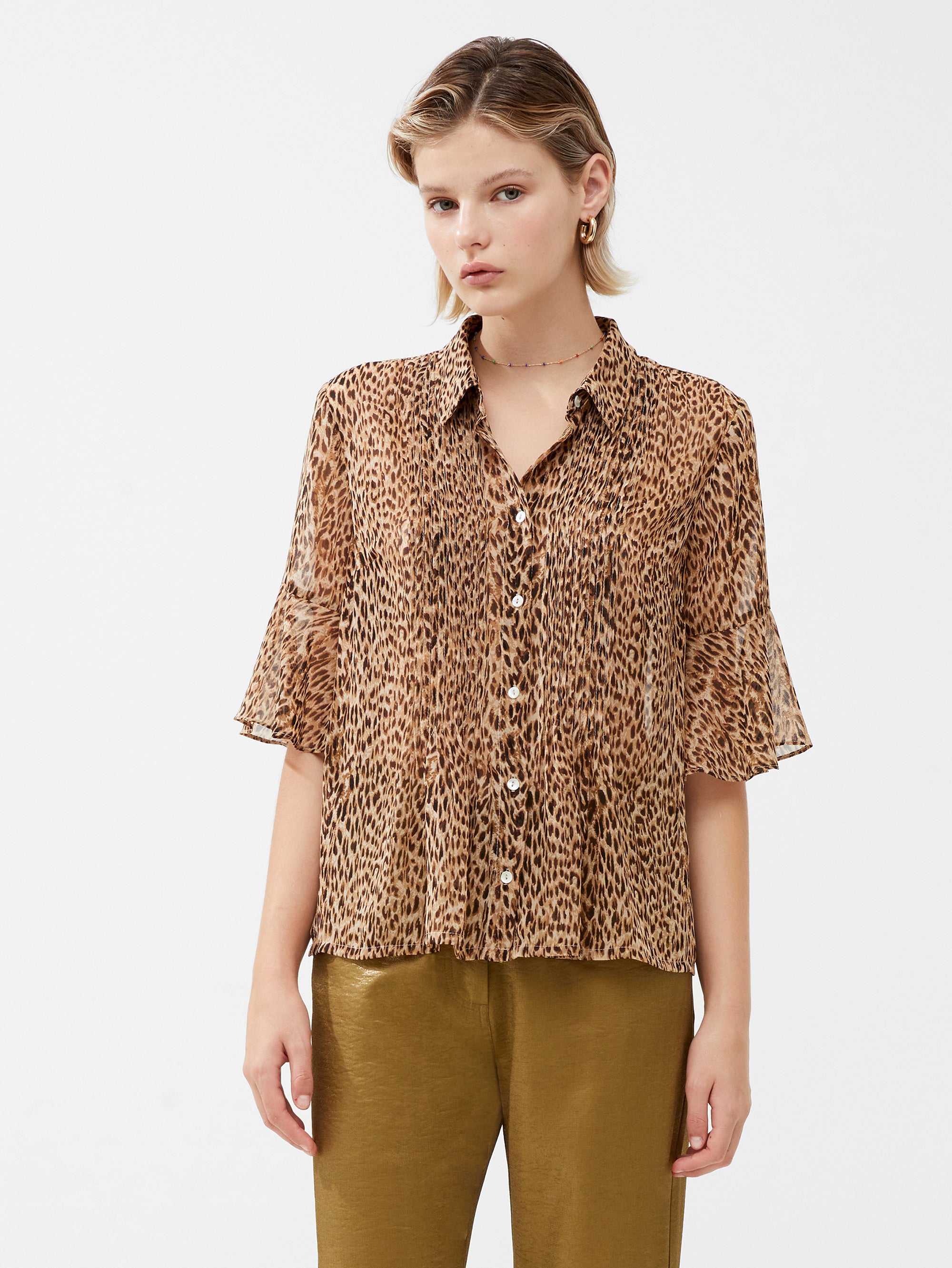 Leopard Georgette Pin Tuck Shirt