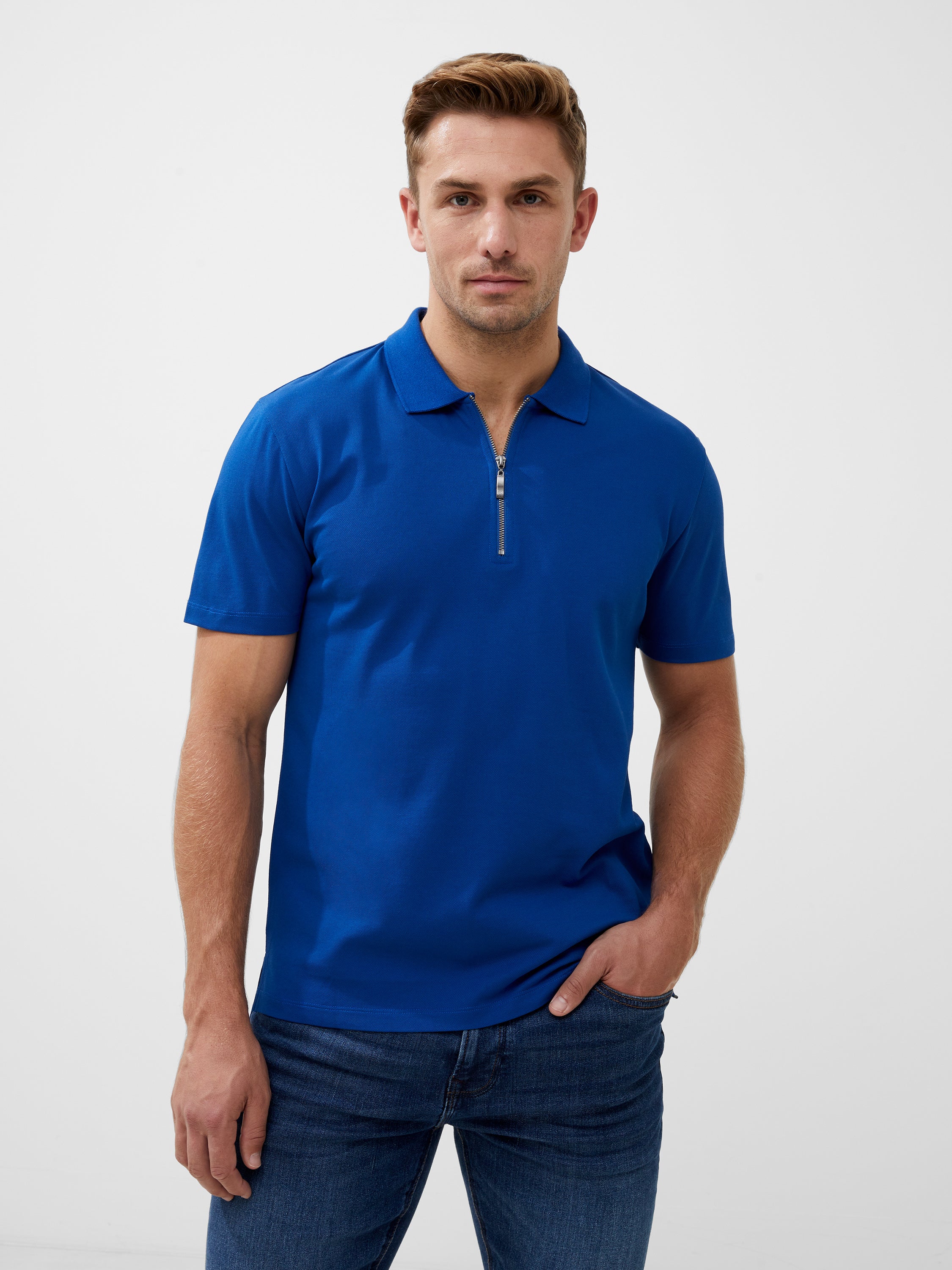 short sleeve pique zip polo shirt true blue