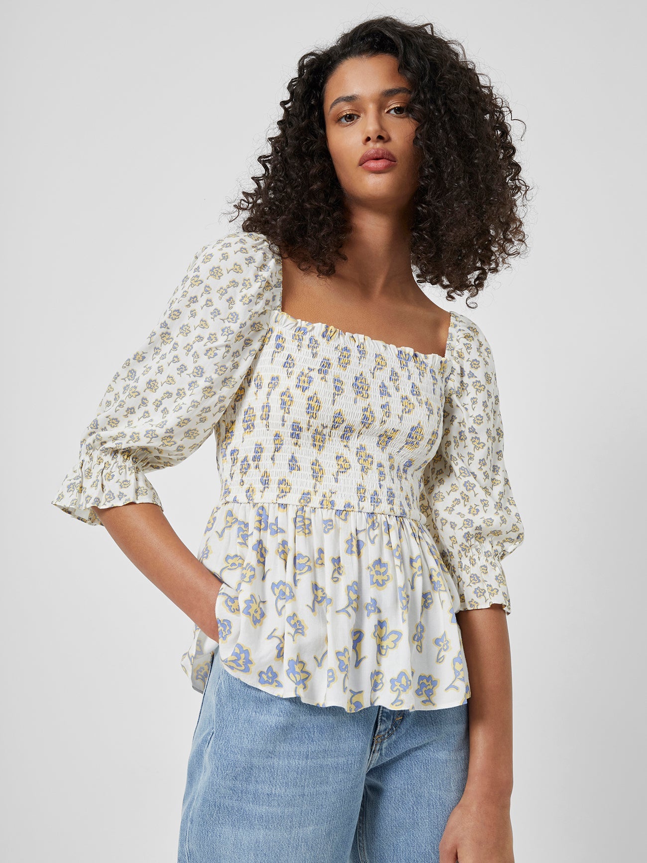 Doria Smock Balloon-Sleeve Top