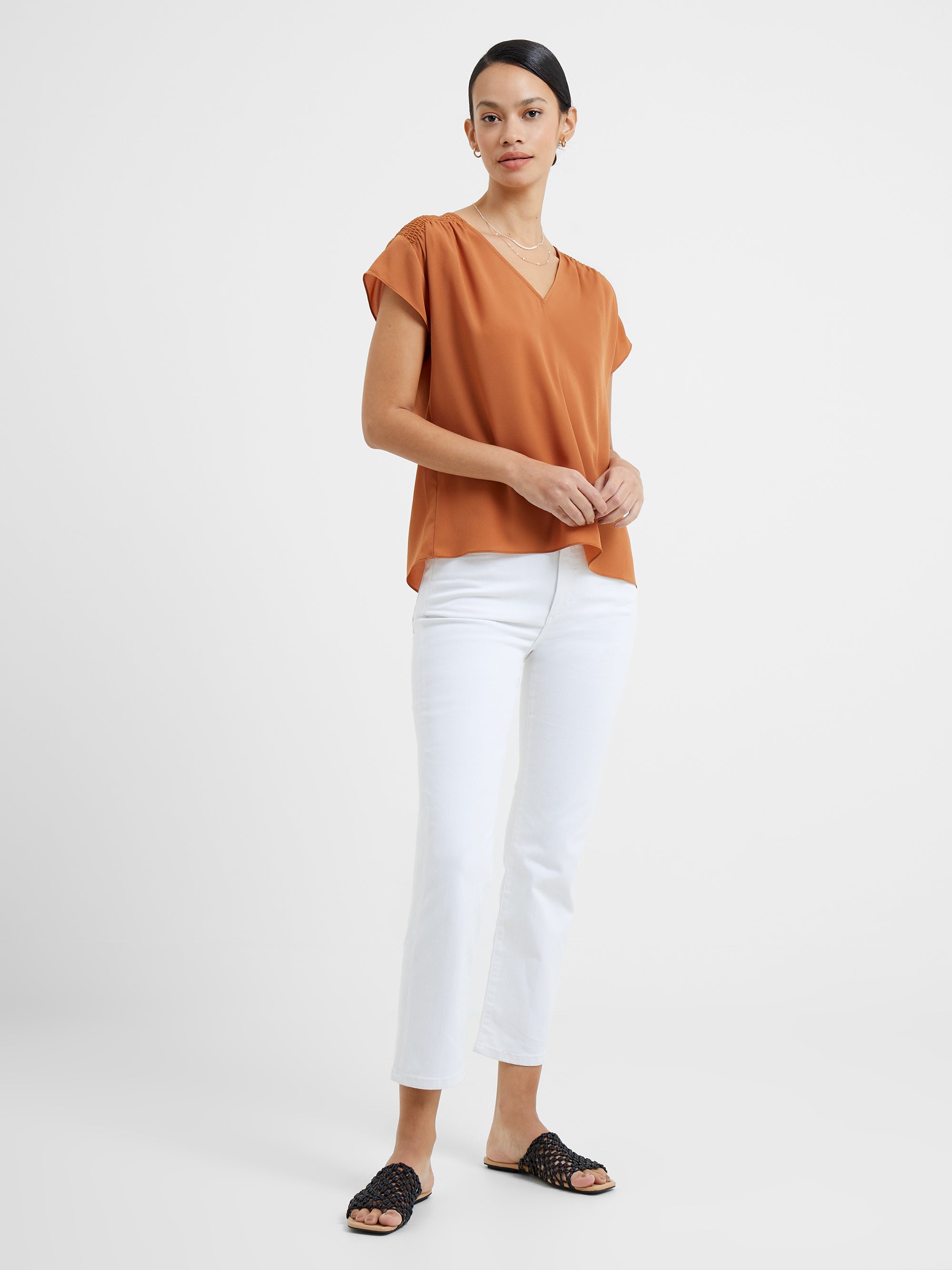 Crepe Light Smocked Shoulder V-Neck Top