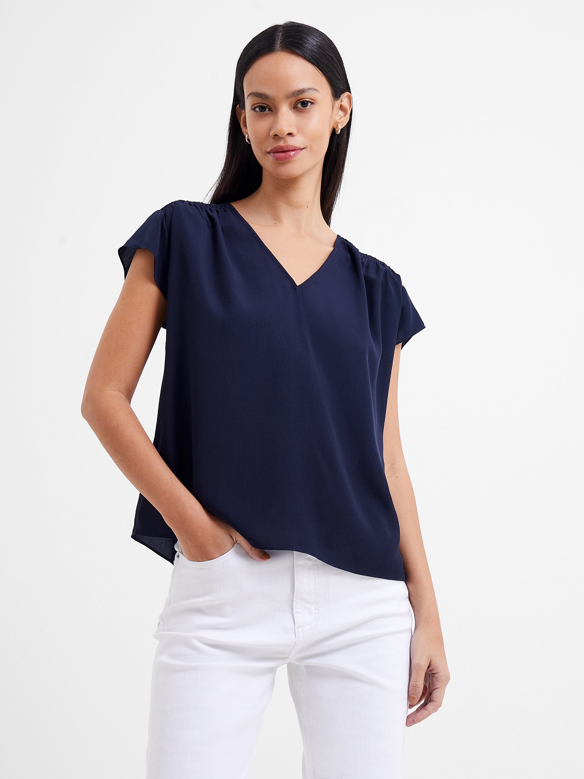 Crepe Light Smocked Shoulder V-Neck Top