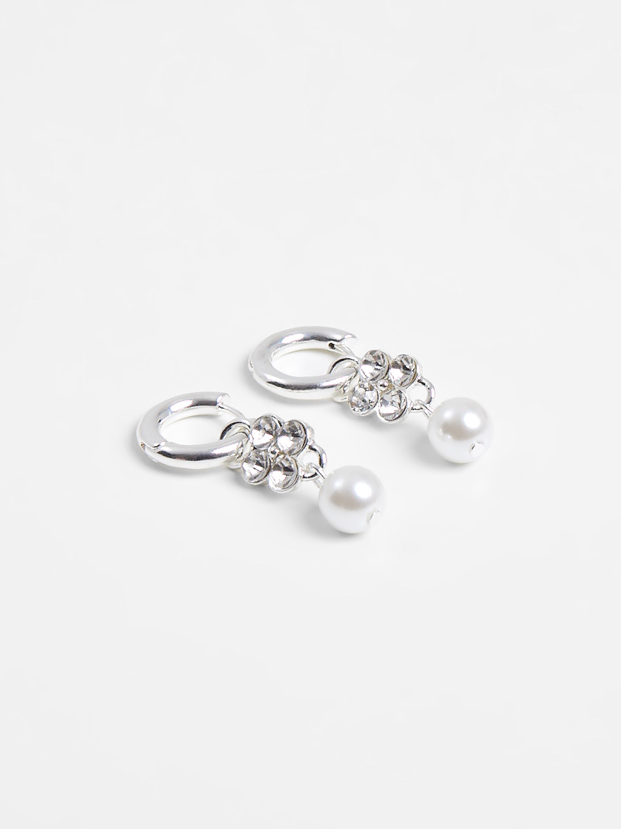 Pearl & Diamante Flower Huggie Hoop Earrings