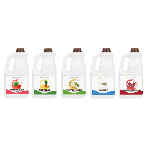 Assorted Tea Zone syrups including watermelon, tropical, winter melon, yogurt, and hibiscus