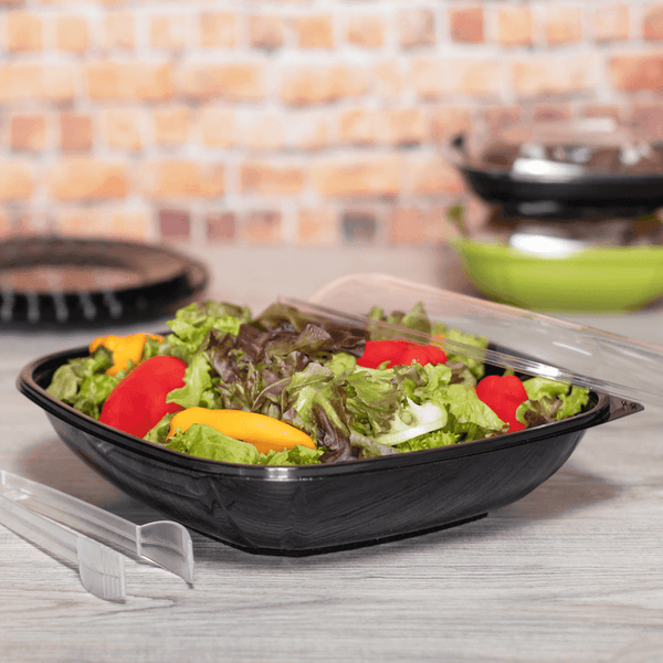 Black salad bowls PET with separated lids