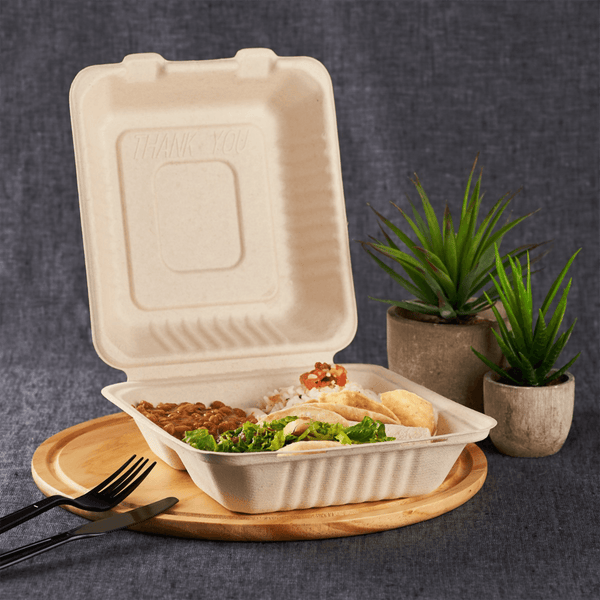 9” x 9” PFAS Free Bagasse Compostable Hinge Togo Container, White,  1-Compartment – 200/Case – High Country Hand Protection